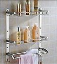 Oslen Stainless Steel Double Layer Chrome Finish Multipurpose Wall Mount Bath Kitchen Bathroom Accessories Rack Shelf, Silver, Set of 1