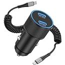 USB C Car Charger and Coiled USB-C Cable 6FT for iPhone 15/15 Pro Max, Samsung Galaxy S24 S23 S22 S21 Ultra Plus, Note, Google Pixel 8/7/6, Android, 40W Dual Port PD Fast Charging Car Power Adapter