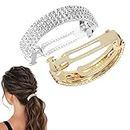 Boobeen 2 Pcs Rhinestone Metal Spring Hair Clip Ponytail Hairpins Crystal Ponytail Buckle Clip Semicircle Crystal Bridal Hair Barrettes Accessories for Women Girls, Silver and Gold