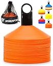 Pro Disc Cones (Set of 50) - Agility Soccer Cones with Carry Bag and Holder for Sports Training, Football, Basketball, Coaching, Practice Equipment, Kids - Includes 15 Best Drills Book (Bright Orange)