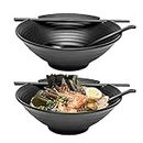 2 x Ramen Bowl Set (Black Melamine), Asian Japanese Style with Chopstick and Ladle Spoon Set, Large 37 oz for Ramen, Pho, Noodle, Udon or Any Soup Meal