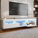 IKIFLY LED Floating TV Stand for 85+ inch TV, White Modern Wall Mounted Haning TV Stand with LED Lights and Cabinets, High Glossy Floating Entertainment Center Console Shelf for Living Room, Bedroom