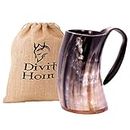 Divit Genuine Viking Drinking Horn Mug | Authentic Medieval Beer Horn Tankard | 24oz Capacity Horn Cup/Stein. (Natural, Polished)