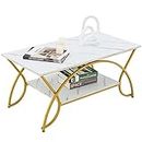 Giantex Faux Marble Coffee Table, Modern Chic Cocktail Table, 2-Tier Rectangular Center Table w/Open Storage Shelf for Living Room & Lounge (White & Gold)
