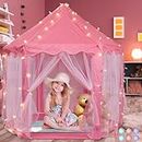 Volscity Princess Tent for Girls,Kids Castle Play Tent with LED Star Lights,Large Playhouse Girl Toy Gifts Age 3+,Indoor and Outdoor Games 55.5"x 53"(DxH) Pink (Pink)