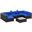 Outsunny 7 Piece Patio Furniture Set, PE Rattan Outdoor Conversation Set with Sectional Sofa, Glass Tabletop, Cushions and Pillows for Garden, Lawn, Deck, Dark Brown and Blue