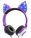 I love e iFecco Headphones for Children, Kids Headphones Over Ear with LED Glowing Cat Ears, Foldable Wired Kids Headsets with 85dB Volume Limited, Adjustable Cat-Inspired Headphones for Girls