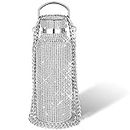 Diamond Thermal Water Bottle Bling Rhinestone Stainless Steel Refillable Insulated Glitter Bottle with Chain for Women Girls Gifts (Silver, 500 ml)
