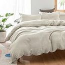 Simple&Opulence 100% Washed Linen Duvet Cover-3 Pieces Solid Flax Bedding Set(1 Comforter Cover+ 2 Pillowshams)-Farmhouse Comforter Set with Coconut Button Closure (Queen, Natural Linen)
