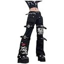 Gothic Trousers Women's Cargo: Boyfriend Jeans Women Baggy Jeans Aesthetic High Waist Wide Leg Straight Denim Trousers Grunge Pants Punk Trousers E-Girl Trousers with Chain Hip Hop Trousers, black, S
