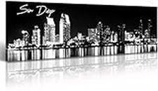 DJSYLIFE San Diego Skyline Wall Art Black and White Night View USA Cityscape California Pictures Artwork Painting Poster for Bedroom Office Decoration Stretch Framed Ready to Hang 13.8"x47.3"