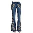 charmsamx Flower Embroidered Jeans for Women Juniors, Low Rise Boho Style Bell Bottom Jeans Stretch Pull-On Skinny Flared Denim Pants Retro Trouses Blue L