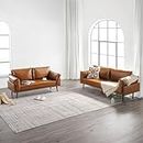 Vonanda Faux Leather Sofa and Loveseat with Fluffy Cuhions, Modern Sofa Couches, 3 Seater Couch and 2 Seater Couch, Brown Couches, Caramel