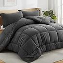 All Season Full Comforter Set 3 PCs Soft Quilted Down Alternative Comforter+2 Pillow Shams with Corner Tabs,Winter Summer Warm Fluffy, Machine Washable (Full, Grey)