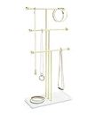 Umbra 299330-524-REM Trigem Hanging Organizer – 3 Tier Table Top Necklace Holder, Box Display with Jewelry Tray Base, Brass Accessory Organization, White