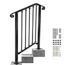 Redlife Handrails for Outdoor Steps, Fit 2 or 3 Steps Outdoor Stair Railing, Wrought Iron Handrail for Concrete Steps or Wooden Stairs, Adjustable Metal Hand Rails for Deck Porch, Black (2-3 Steps)