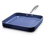 Granitestone Blue Non Stick Grill Pan, 10.5" Indoor Stove Top Grill with Stay Cool Handle, Ultra Durable Bacon Pan/Grill for Stovetop, Even Heating, Dishwasher & Oven Safe, 100% Healthy & Toxin Free