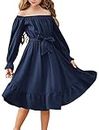 Arshiner Girls Lantern Long Sleeve Ruffle Hem Off Shoulder Elegant Dresses Navy Blue 10-12 Years Old