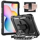 Timecity Samsung Galaxy Tab S6 Lite Case 10.4-Inch 2020/2022 SM-P610/ P615/ P613/ P619, Durable Sturdy Protection Case with S Pen Holder Screen Protector Swivel Stand Handle Strap Tablet Case- Black