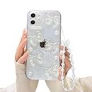 Ownest Compatible with iPhone 11 Case with Clear Cute 3D Bowknots and Pearl Aesthetic Patterns for Women Teen Girls, Glitter Sparkle Back and Full Lens Protection Protective Phone Case Cover + Chain