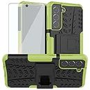 Asuwish Phone Case for Samsung Galaxy S21 FE 5G with Tempered Glass Screen Protector and Slim Stand Hybrid Heavy Duty Rugged Protective Cell Cover S 21 EF S21FE5G UW S21FE 21S G5 6.4 inch Women Green
