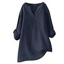 Women's Stand Up Collar T Shirts Cotton Linen Solid Color Long Sleeve Tops Summer Casual Loose Fit Blouse Going Out Elegant Tees Clothes B-107