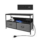 TV Stand with Sotrage, 2 Outlets and 2 USB Ports and Fabric Drawers, Media Console for TV up to 45". Great Storage Drawer Unit for Bedroom, Dorm, Living Room, Entryway & Closet - Black and Charcoal