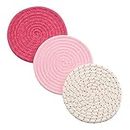 Kitchen Potholders Set Trivets Set 100% Pure Cotton Thread Weave Hot Pot Holders Set (Set of 3) Coasters, Hot Pads, Hot Mats, Spoon Rest for Cooking and Baking by Diameter 7 Inches (Pink)