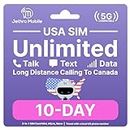 USA SIM Card, Unlimited Call/Text/Data (Uses T-Mobile) 5G/4G LTE High-Speed Coverage, Quick Activation, Unlimited Calling to Canada, Jethro Mobile Prepaid US SIM Card for Canadian Traveler (10 Days)