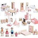 Wooden Dollhouse Furniture Set, 36pcs Furnitures with 4 Family Dolls, Dollhouse Accessories Pretend Play Furniture Toys for Boys Girls & Toddlers 3Y+, Pink…