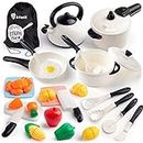 D-FantiX Kids Pretend Play Kitchen Accessories Set, Toddlers Pots and Pans Cookware Playset, Kids Cooking Toys with Utensils, Knife, Cutting Food Kitchen Playset for Girls and Boys Age 2 3 4 5 6 7