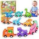 Cars for Toddlers 1-3,Topunny Number Train Toy Dinosaur Toys for 1 2 3 Year Old Boys Baby Montessori Toys Wooden Train Set for Kids Toys for 1 2 3 Years Boys Girls