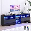 Hlivelood LED TV Stand for 85/75/65 Inch TV, High Glossy Modern TV Console Entertainment Center with Storage and LED Lights for Living Room, Bedroom, Black