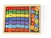 SIMM Spielwaren Lena 32010 – Craft Kit with Large Wooden Threading Beads in a Wooden Box, 54 Pieces, Approx. 3 cm
