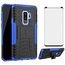 Phone Case for Samsung Galaxy S9 Plus with Tempered Glass Screen Protector Cover and Stand Kickstand Hard Rugged Hybrid Accessories Heavy Duty Rubber Shockproof Glaxay S9+ 9S 9plus S9plus Note Blue