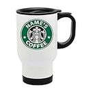 Personalised White Metal Travel Mug Cup. Your Name Printed Mug Coffee Tea Cup. (15oz White Travel Mug) by CiderPressMugs®