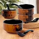 The Earth Store Handcrafted Brown & Black Italian Ceramic Soup Bowl Set of 4 with Melamine Spoon, Soup Bowls for Kitchen, Dining Table, Restaurant 320ml Each - Set of 4