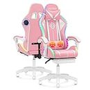 VANSPACE Computer Gaming Chair Pink with Bluetooth Speakers and RGB LED Lights for Girls Massage Chair with Footrest Cute Video Game Chairs High Back with Lumbar Support and Headrest Pink and White