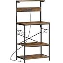 SUPERJARE Kitchen Bakers Rack with Power Outlet, Coffee Bar Table 4 Tiers, Kitchen Microwave Stand with 6 S-Shaped Hooks, Kitchen Storage Shelf Rack for Spices, Pots and Pans - Rustic Brown