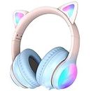 Bluetooth Kopfhörer Kinder, Kopfhörer Katzenohren mit LED-Leuchten, Kinderkopfhörer Over-Ear mit 84dB/94dB Lautstärkebegrenzung, 50H Spielzeit, Bluetooth 5.3, kabellose Kopfhörer mit Mikrofon