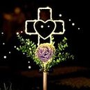 Joyathome 16 Inch Solar Cross Garden Stake Lights with 1 Artificial Flower Metal Garden Art for Patio Lawn Garden Decor Solar Outdoor Love Sign for Gravesites Memorial and Ideal Gifts for Loved Ones