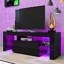 HOUAGI LED TV Stand for Televisions up to 55 Inchs,Modern Entertainment Center with Storage Drawer and Glass Shelf, TV Console Table for Living Room,Bedroom,Black