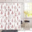 Miytal Merry Christmas Shower Curtain, Xmas Red Pine Tree Snowflake Shower Curtain Set, Funny HO on White Curtains for Bathroom Waterproof Washable Fabric with Hooks - 72" x 72"