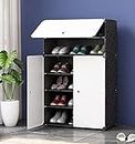 Oumffy Portable Plastic Sheet DIY Shoe Rack Organizer with Door, Made of Plastic Sheet Shoe Storage Cabinet Easy Assembly, Adjustable Shoe Storage Organizer Stackable Shoe Rack (6-Layer, Black)