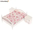 1Set 1:12 Dollhouse Miniature European Double Bed With Bedside Table Furniture Home Model DIY Doll