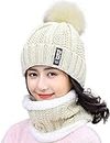 EVOLON DEALS Winter Beanie Hat and Circle Scarf Set for Women Warm Knitted Hat with Faux Fur Bobble Pom Pom and Fleece Lining, Outdoor Sports Hats Beige Color