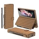 for Samsung Galaxy Z Fold 3 5G Case Woven Texture Leather Hybrid PC Phone Case Built-in Card Slot All-Inclusive Shockproof Protective Cover with Detachable S-Pen Pocket (Brown)