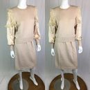 Vintage 70’s Jayna Tan Knit Ruffled Lace Silk Sweater Top Pencil Skirt Set Suit