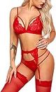 Women Babydoll Lingerie Bra Panty Set for Honeymoon Special Night Occasion with Bra Panty G-Thong and Garter Belt (Free Size, Red)