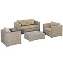 Outsunny 4 Piece Wicker Patio Furniture Set, Outdoor PE Rattan Sofa Set with Glass Top Table, All Weather Sectional Conversation Sofa Furniture w/Wide Seat and Cushions, Beige